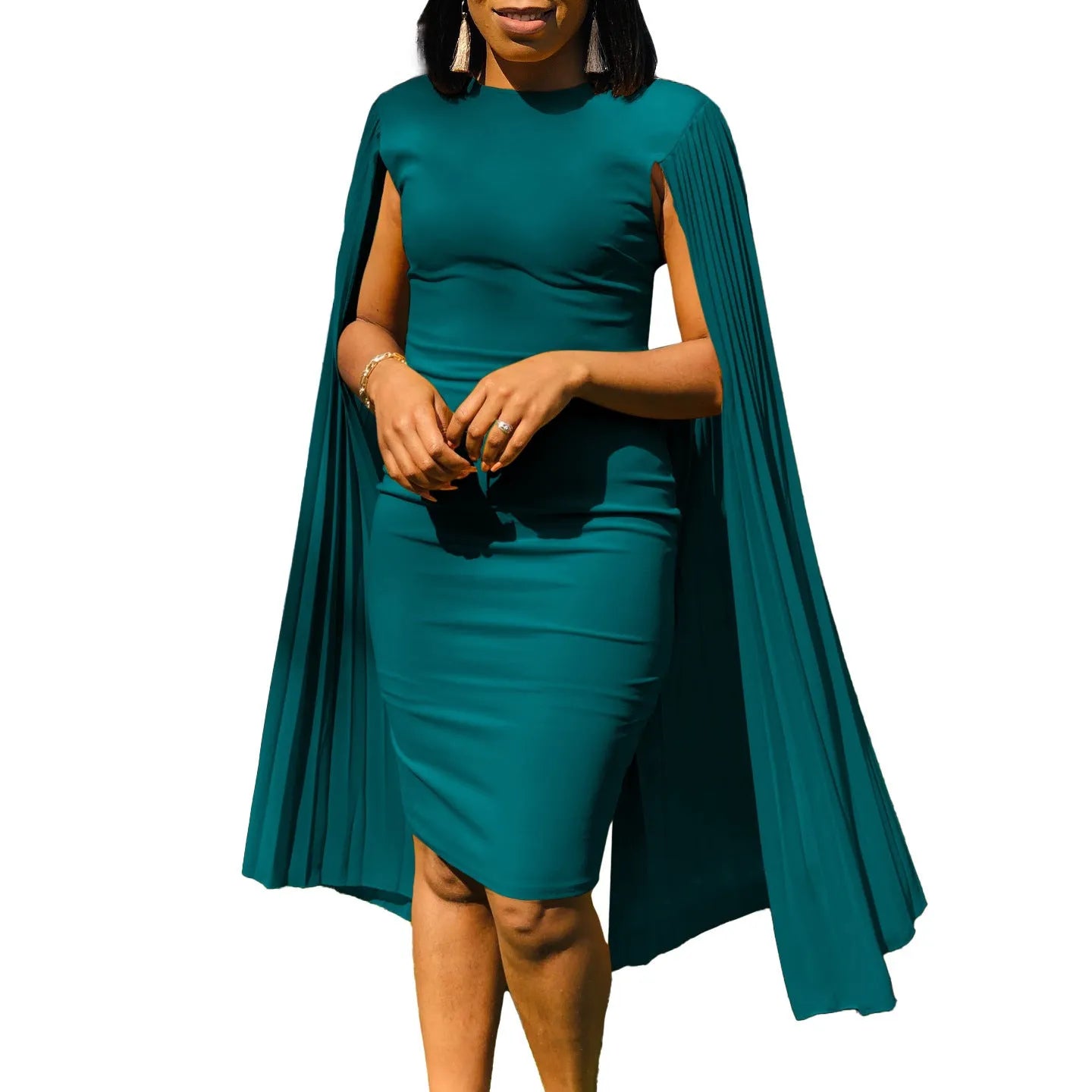 Women's polyester evening gown with pleated shawl and high waist design in various colours