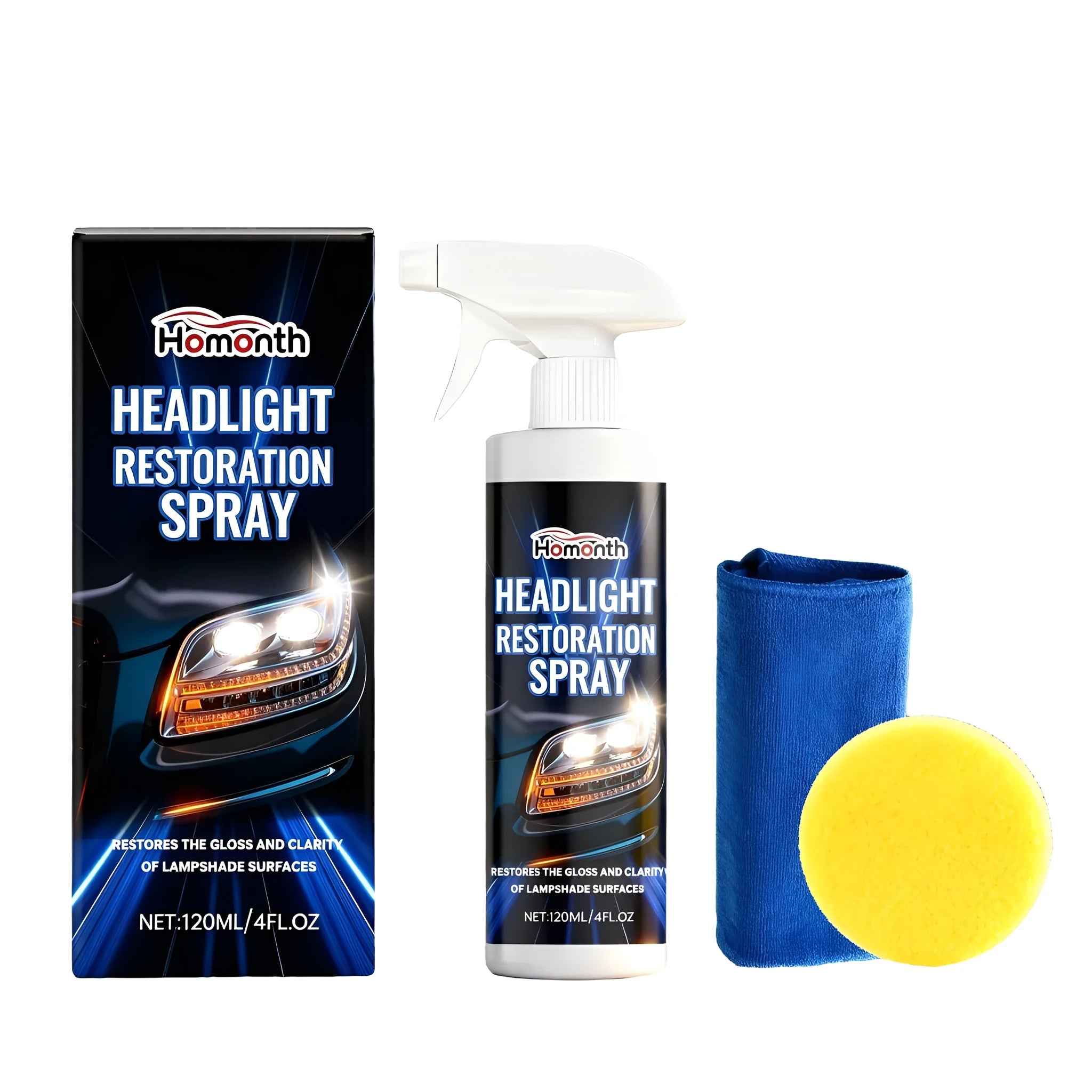 Headlight restoration spray kit with 120ml bottle, applicator sponge and polishing towel