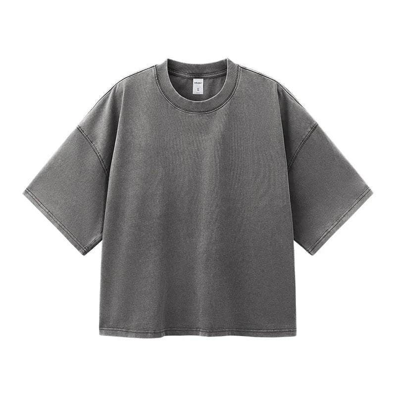 Men's vintage washed cotton T-shirt in loose fit with drop-shoulder sleeves in khaki light colour