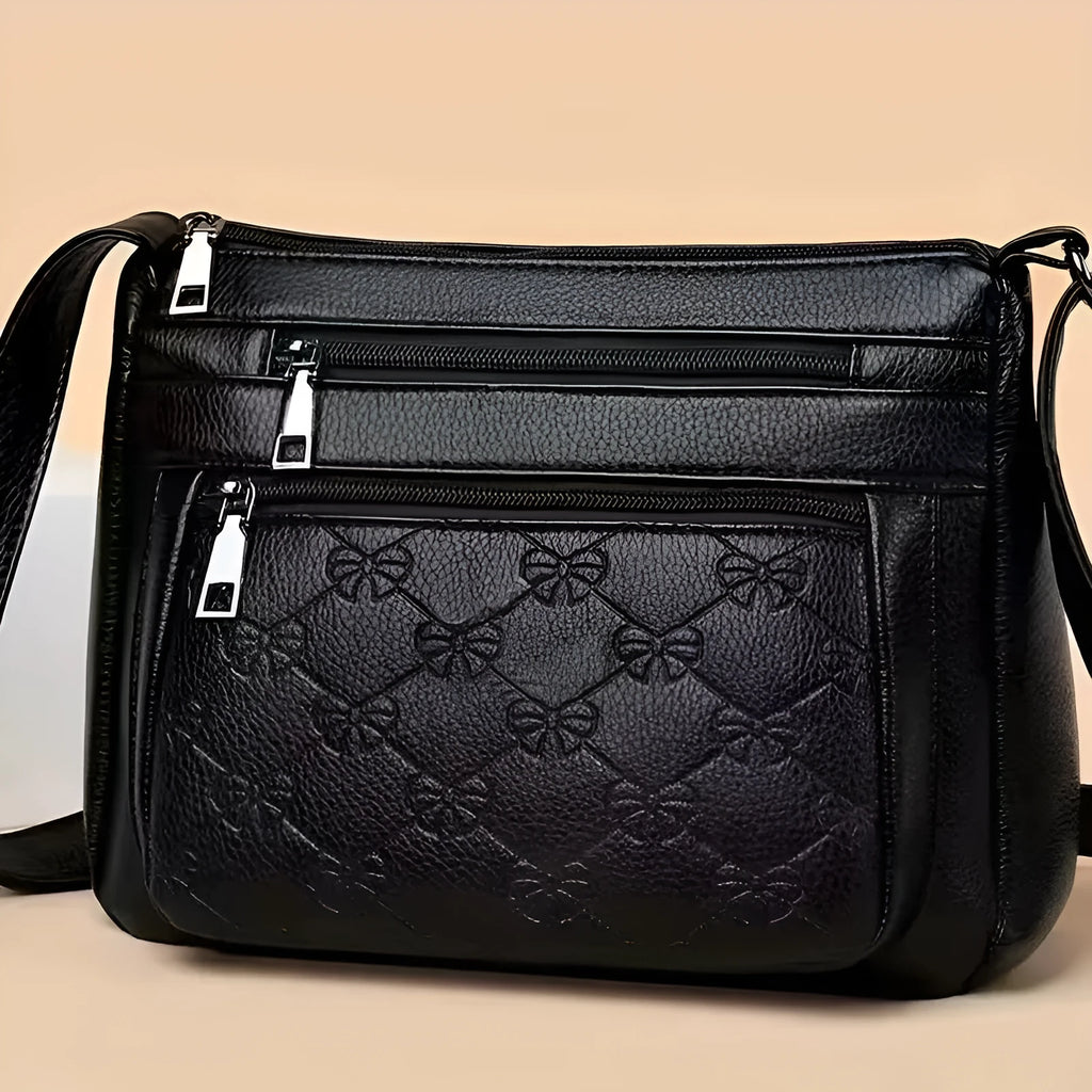 Butterfly black PU leather shoulder messenger bag with horizontal square shape and embossed pattern