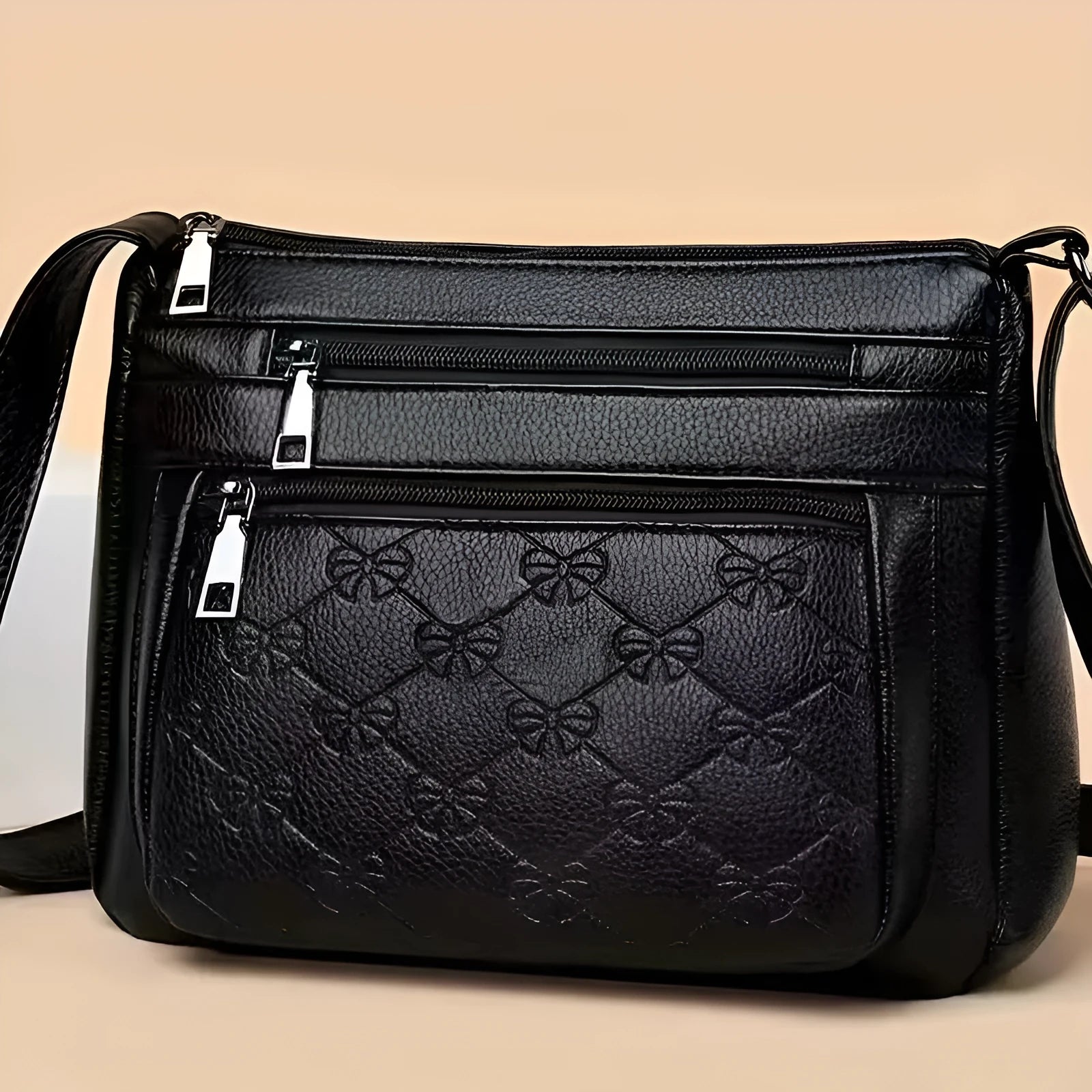 Butterfly black PU leather shoulder messenger bag with horizontal square shape and embossed pattern