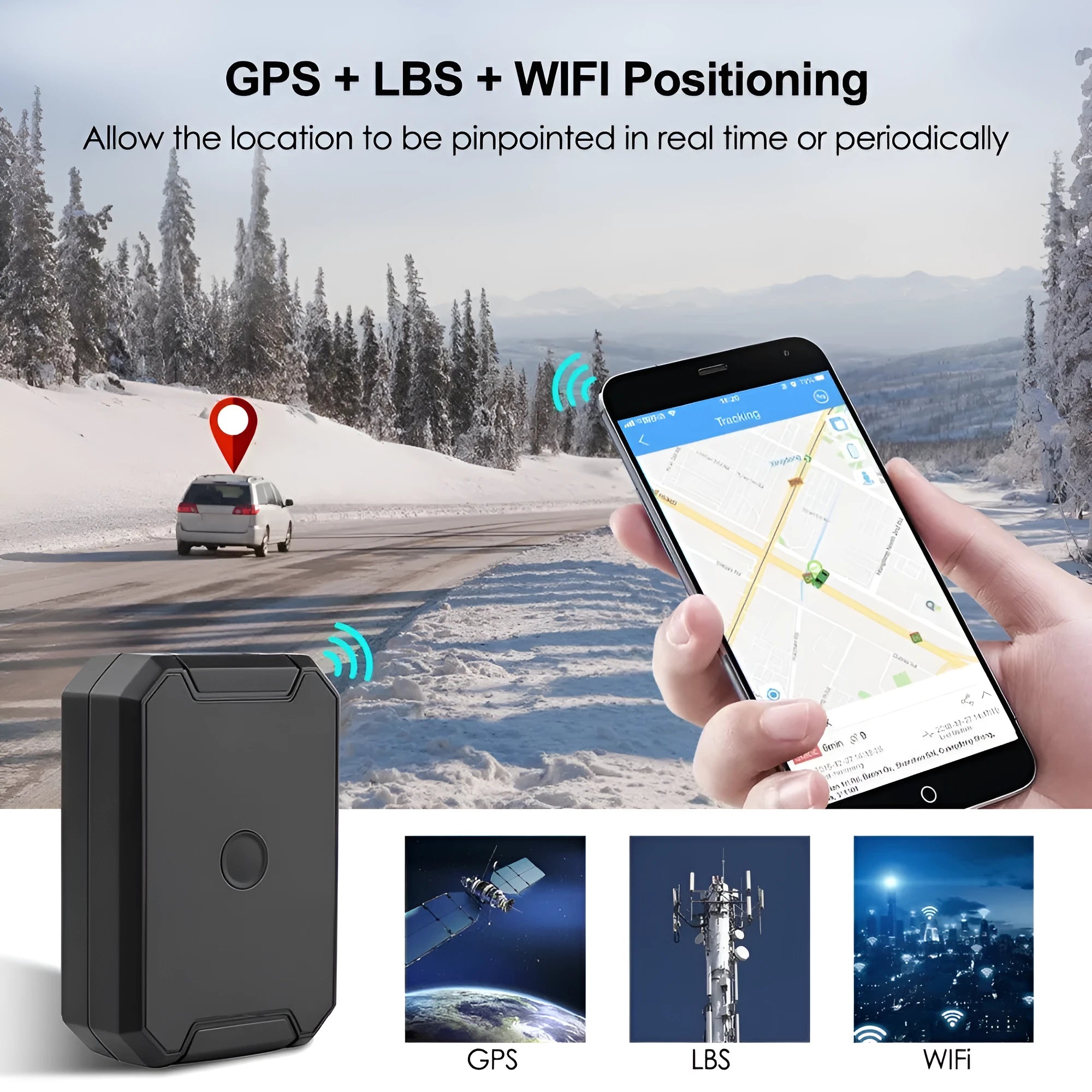 Black GPS car locator device with 6000mAh battery and IP65 waterproof rating.