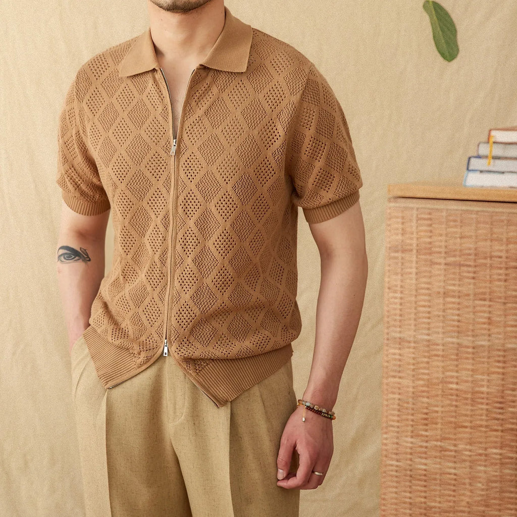 Men's light brown cotton zip-front cardigan with short sleeves and lapel collar on white background