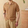 Men's light brown cotton zip-front cardigan with short sleeves and lapel collar on white background