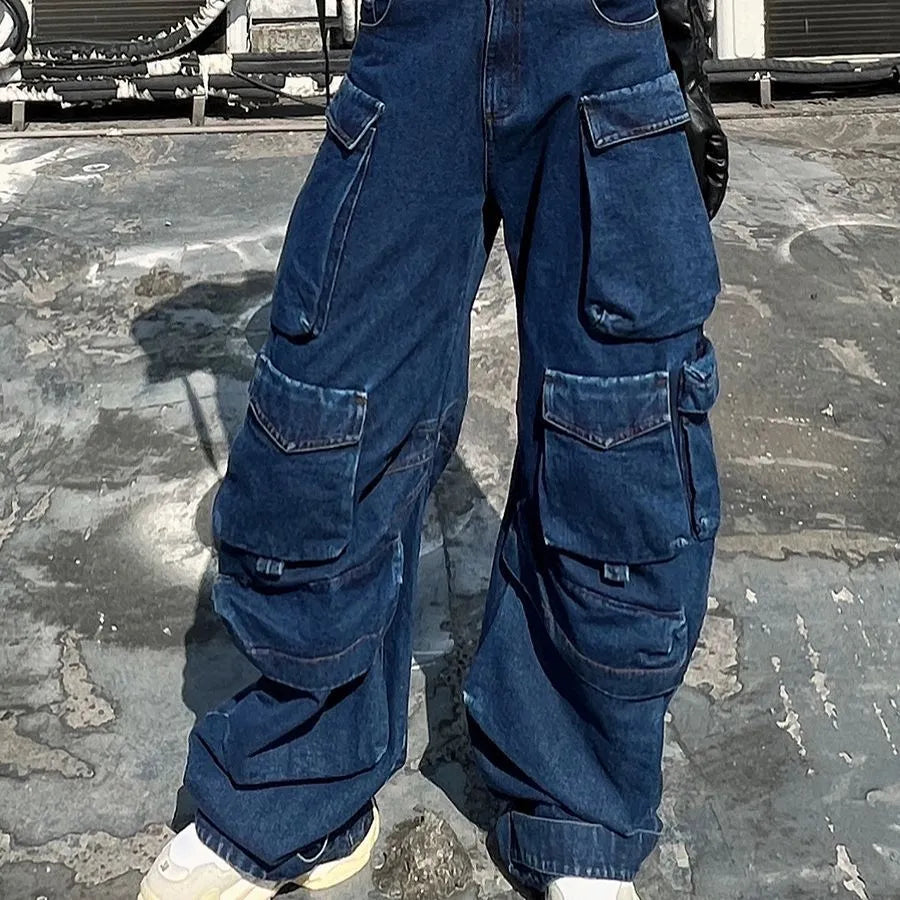 Dark blue distressed wide-leg workwear jeans with high waist and multiple pockets