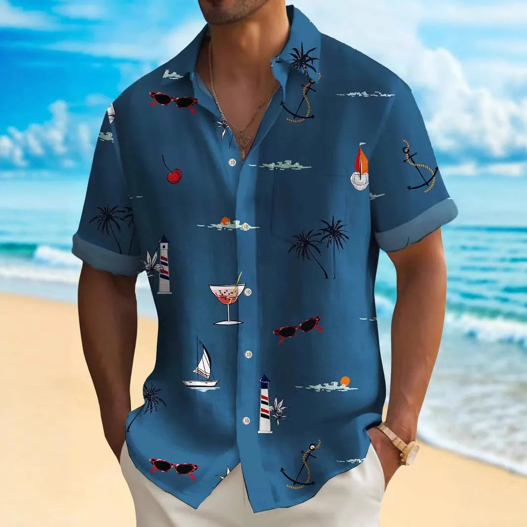 Man wearing loose fit Hawaiian shirt with digital print pattern, short sleeves, polyester fabric.