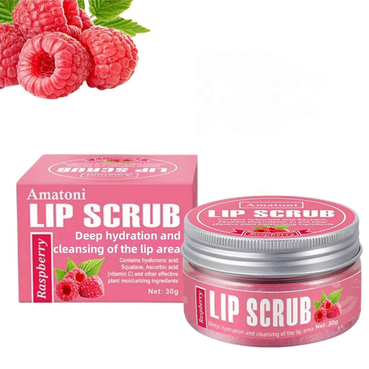 Amatoni lip scrub cream jar in fruit flavours for exfoliating and moisturising lip care