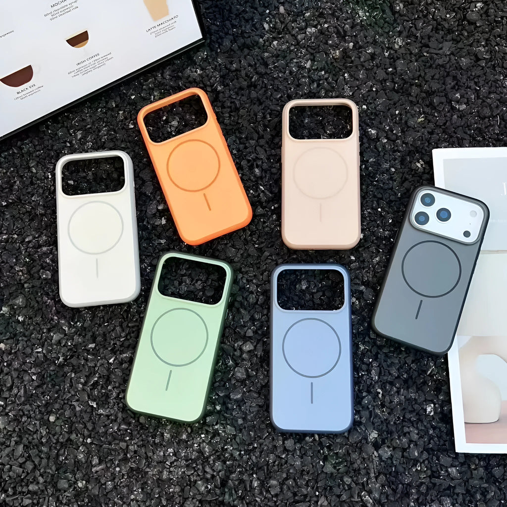 Magnetic iPhone case with AI Photography Button in frosted finish showing colour options