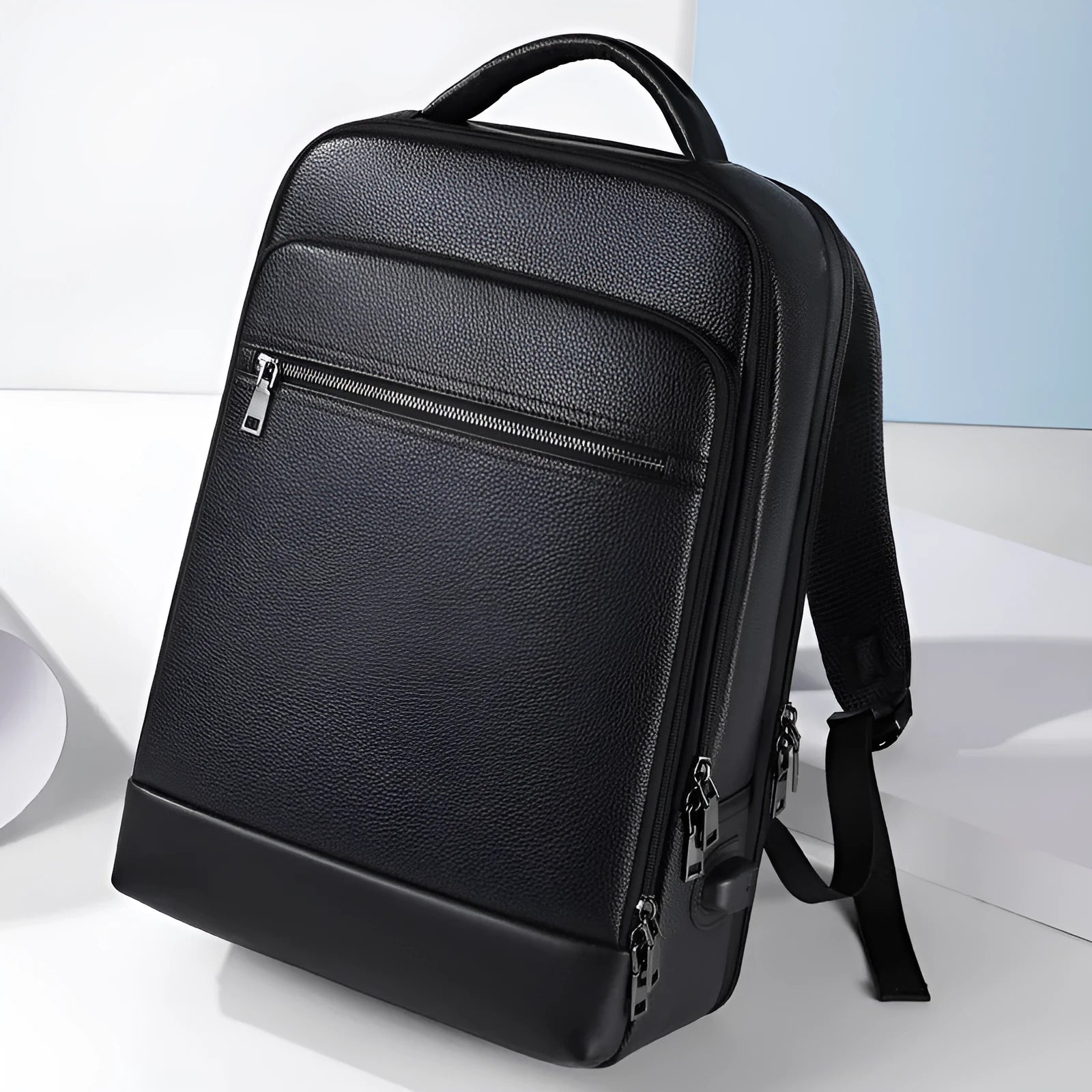 Black genuine leather men's business backpack with curved shoulder straps