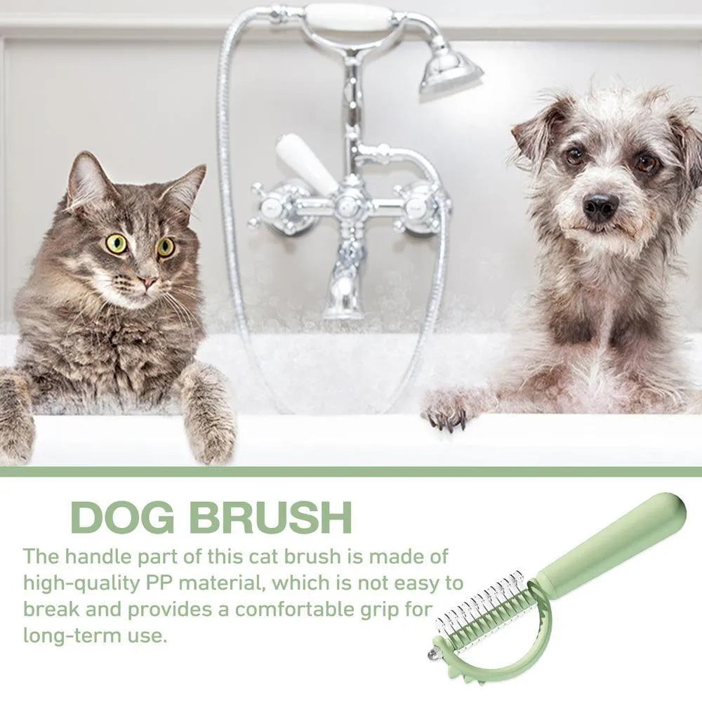 Blue dinosaur-shaped self-cleaning cat brush with double-sided grooming head