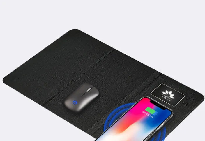 Folding wireless charging mouse pad set with compact wireless mouse showing folded and unfolded configurations
