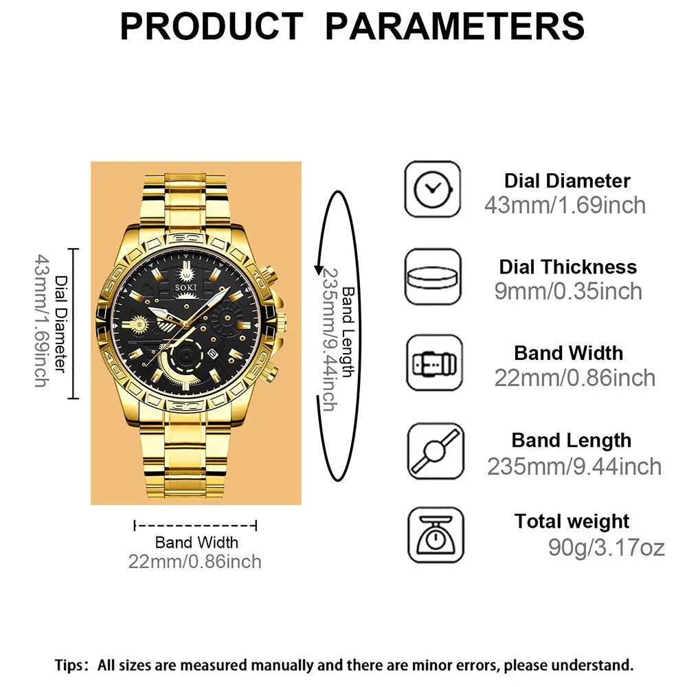Men's gold-coloured business watch with stainless steel strap showing 10mm thickness profile