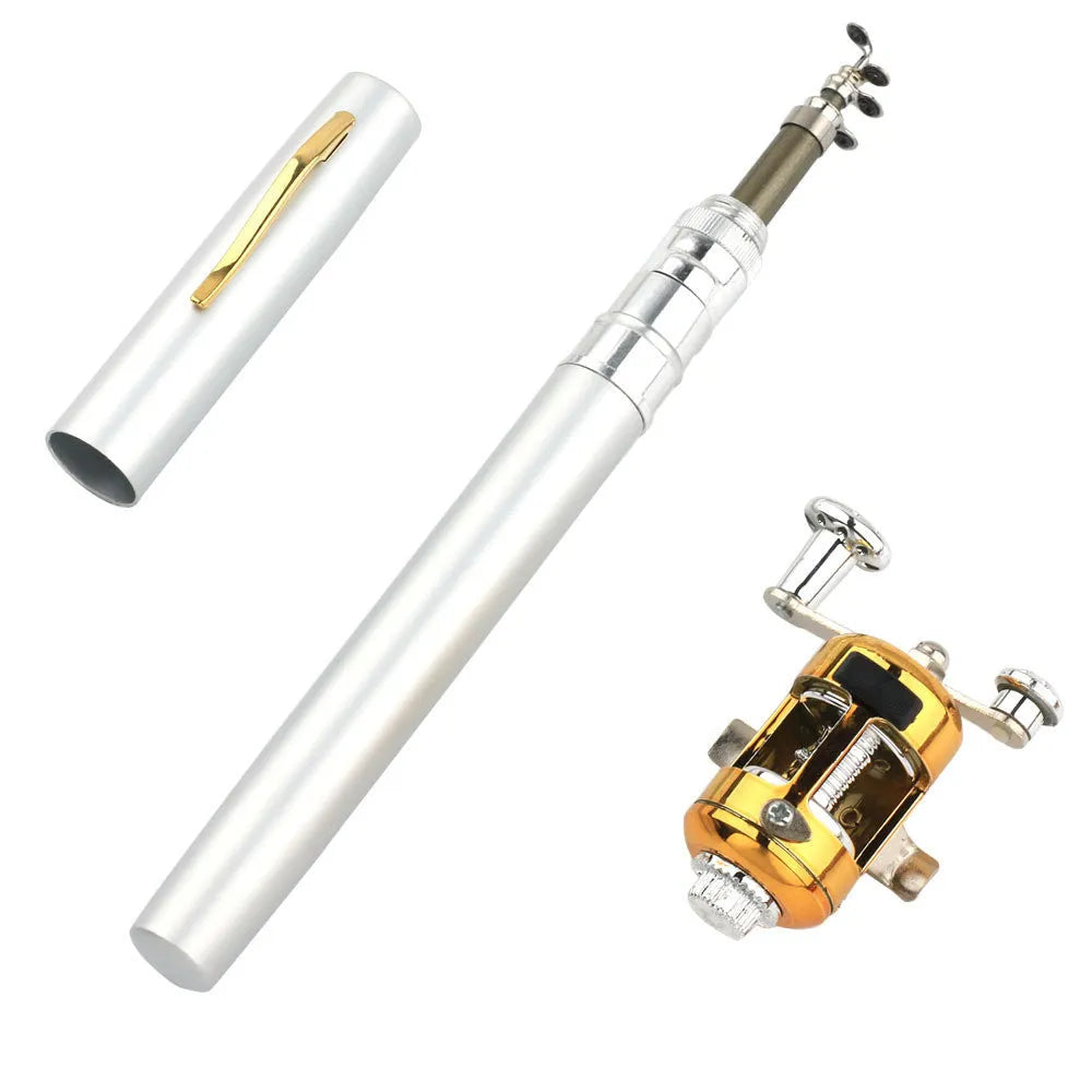 Collapsed and extended view of a pocket telescopic fishing rod with aluminium case and plastic reel.