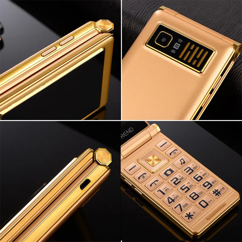 Dual screen flip phone in black showing internal touch screen and external display.