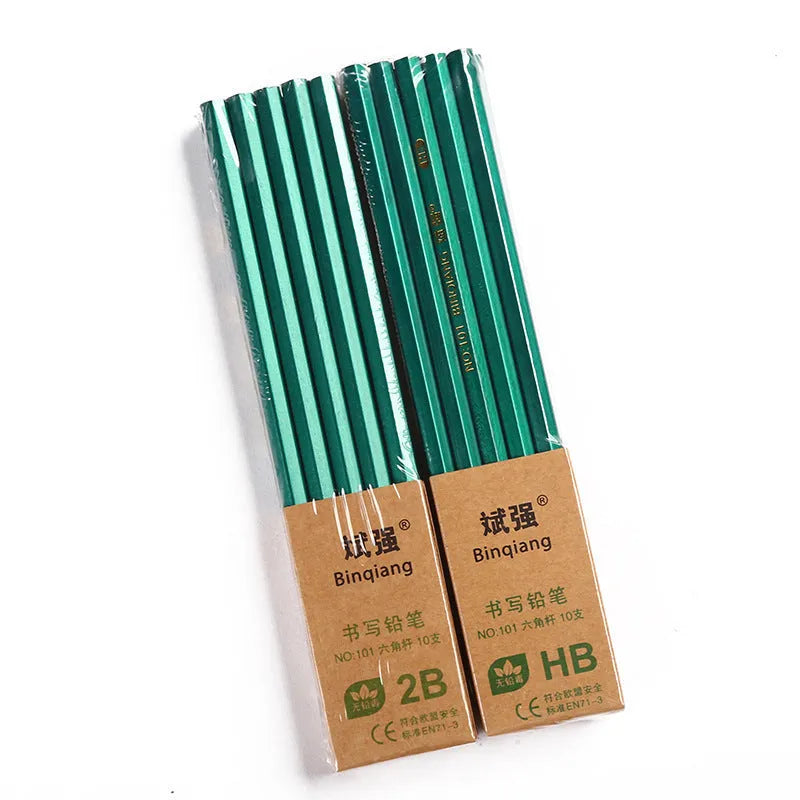 Box of 10 green hexagonal wooden pencils with HB and 2B graphite leads for drawing and writing.