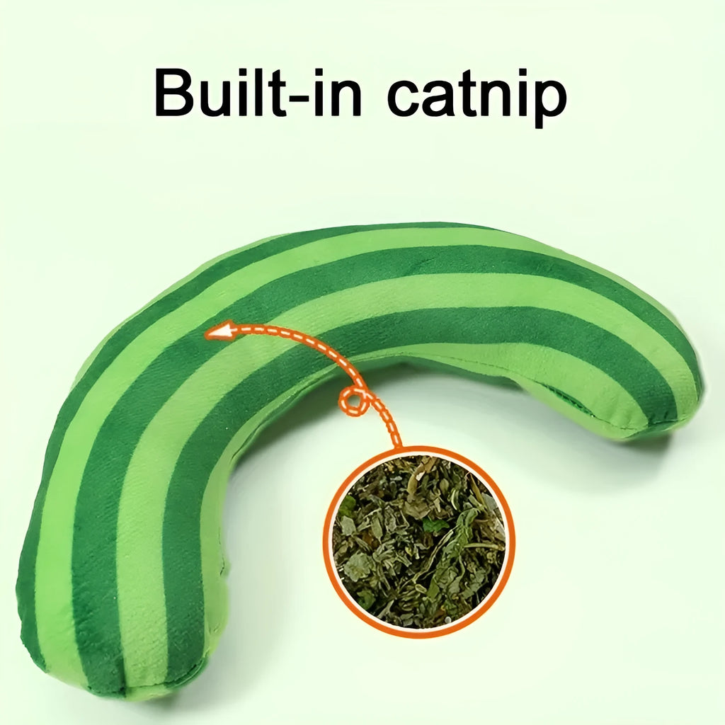 Green, Rainbow, and Yellow cat toy set with noise maker, catnip strip, and striped pillow.