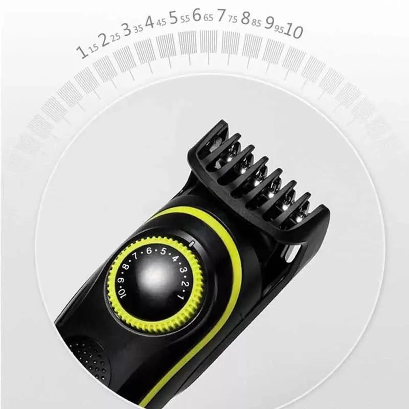 Black KM-696 rechargeable electric hair clipper kit with stainless steel blades on a stand