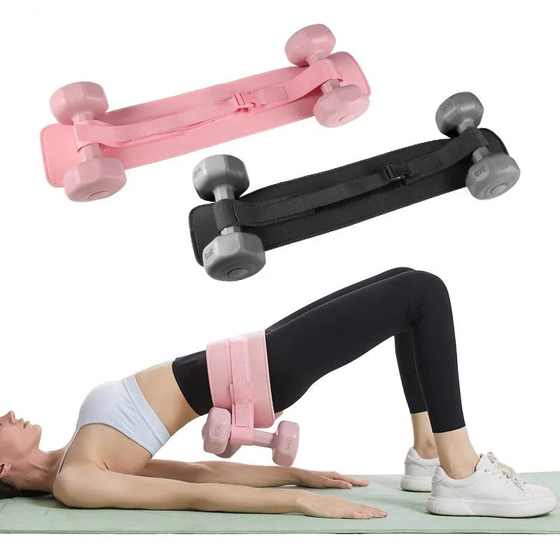 Black adjustable fitness belt with metal buckle for weighted hip bridge exercises