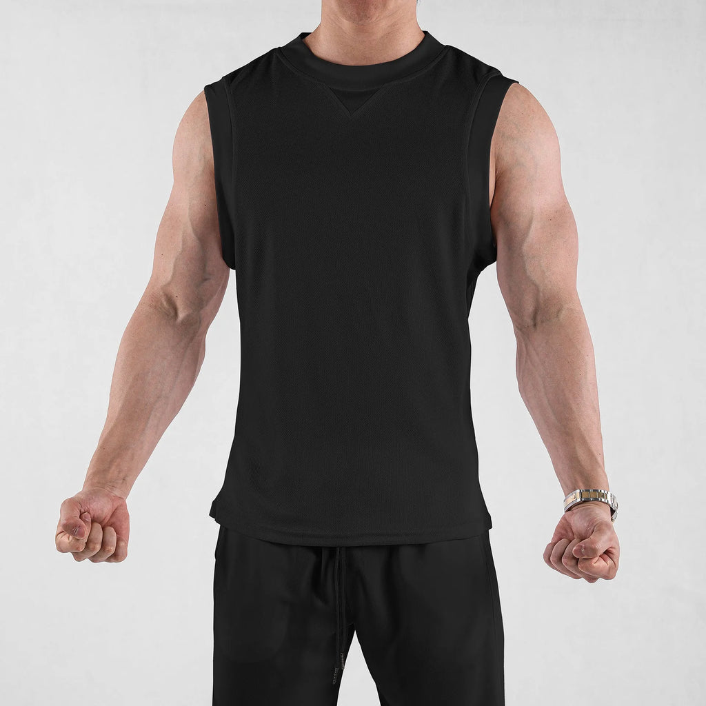 Men's loose-fit polyester sports vest in white or black, showing quick-dry stretch fabric for summer workouts