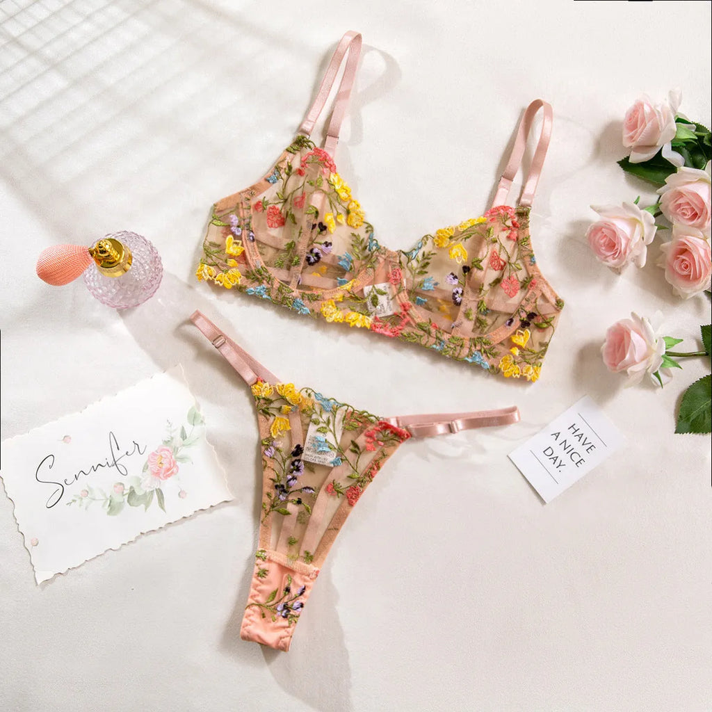 Women's floral pure desire style bikini underwear set in polyester, shown in multiple colours.