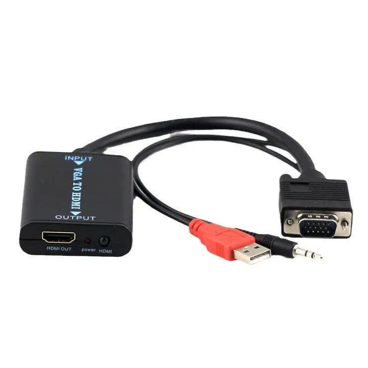 Black VGA to HDMI converter with USB cable for audio and power, showing 15cm converter length