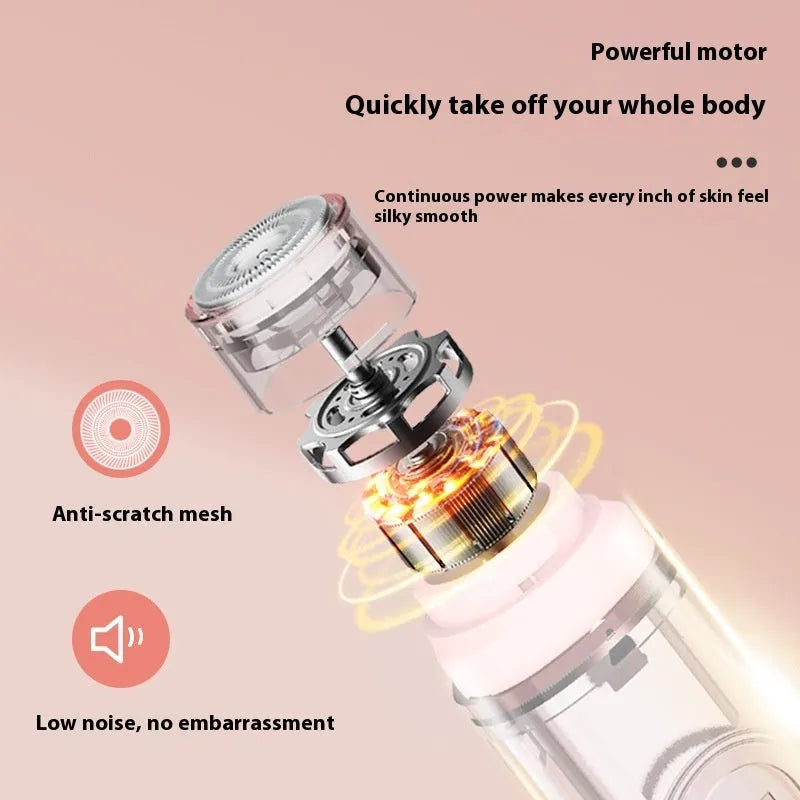 Pink and white portable electric body hair trimmer depilator with USB charging cable.