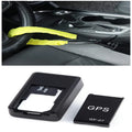 Small black magnetic GPS car tracker device with USB charging cable.