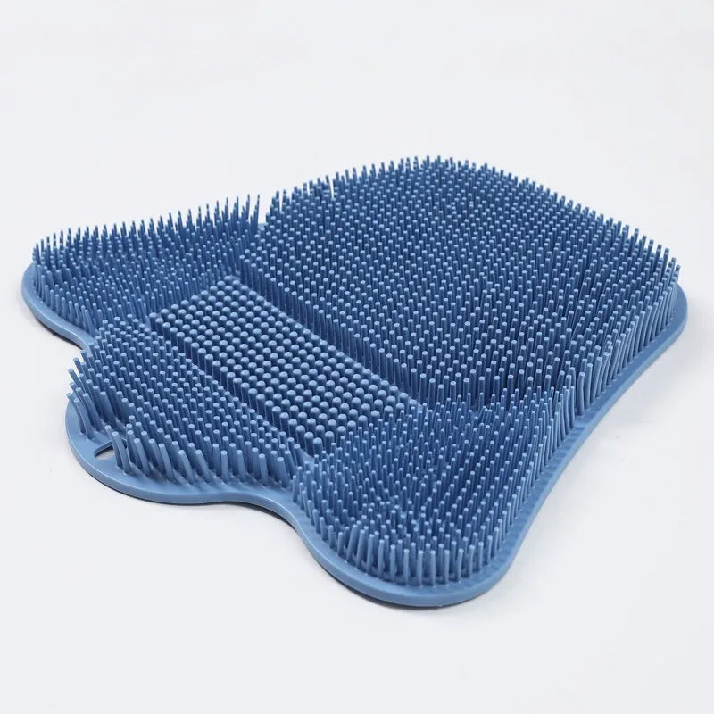 Blue silicone bath massage mat with raised nodes for back rubbing, measuring 31cm by 32cm