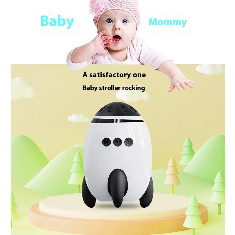 White baby sleep comforter device with automatic shaking and Bluetooth connectivity for infant strollers