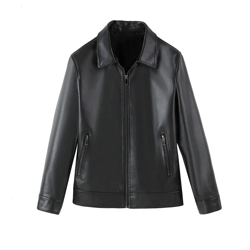 Men's black PU leather casual jacket with zip-up front and zipper pockets