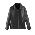 Men's black PU leather casual jacket with zip-up front and zipper pockets