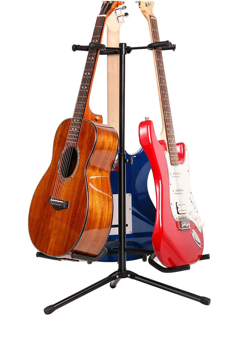 Black iron vertical double-headed adjustable guitar stand holding two instruments