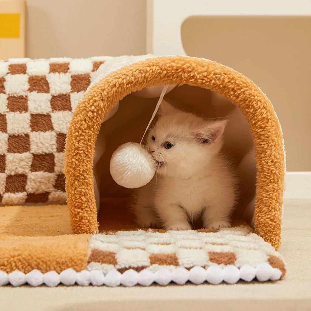 Fan-shaped plush dog cat bed with tunnel and sleeping area in coffee colour