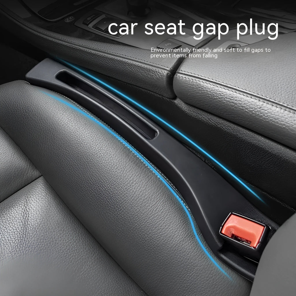 Black plastic car seat gap storage box organiser with handle between car seat and console