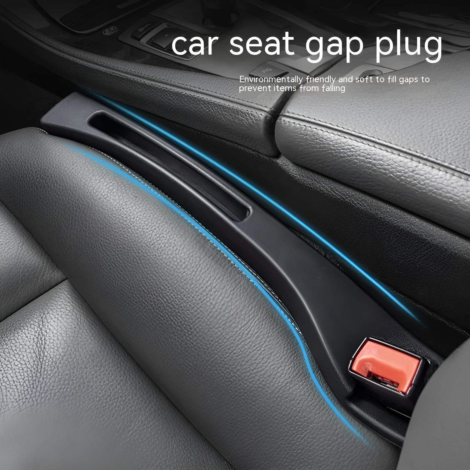 Black plastic car seat gap storage box organiser with handle between car seat and console