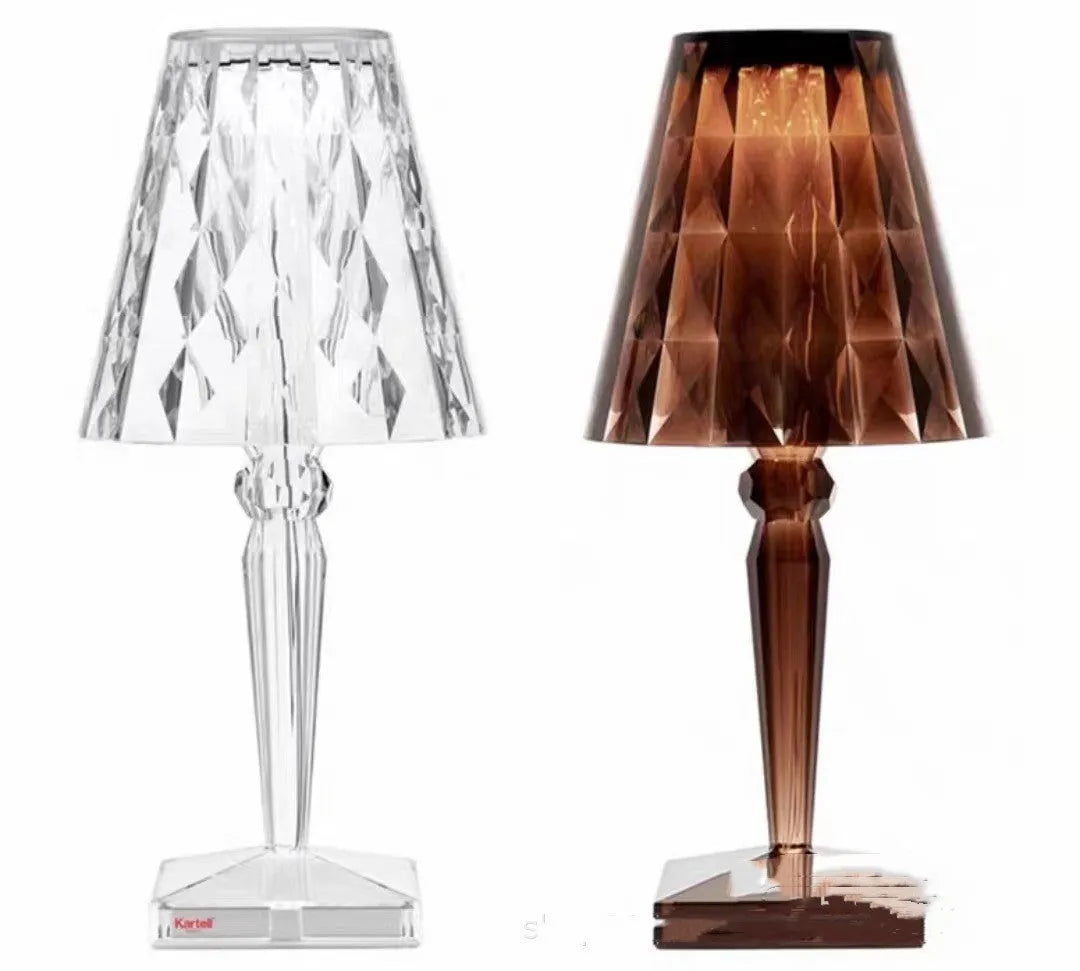 Rose gold portable touch control night light with acrylic lamp holder on a wooden surface.
