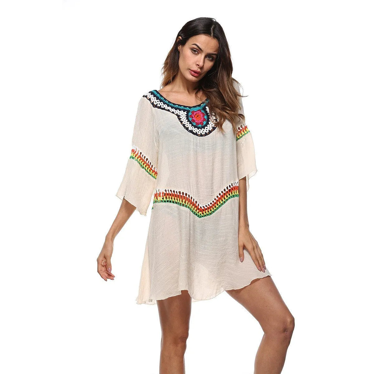 Crocheted ethnic style sun protection top in white colour for beachwear
