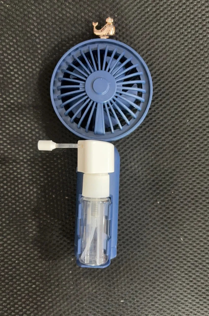 USB rechargeable plastic nozzle personal fan in apricot, blue, green, orange, or pink colour, showing compact size.