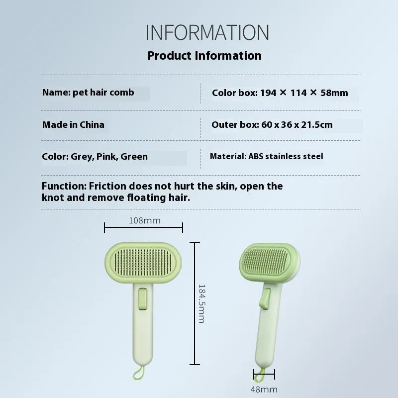 Large pet hair removal comb with stainless steel blades and one-click button for untangling knots