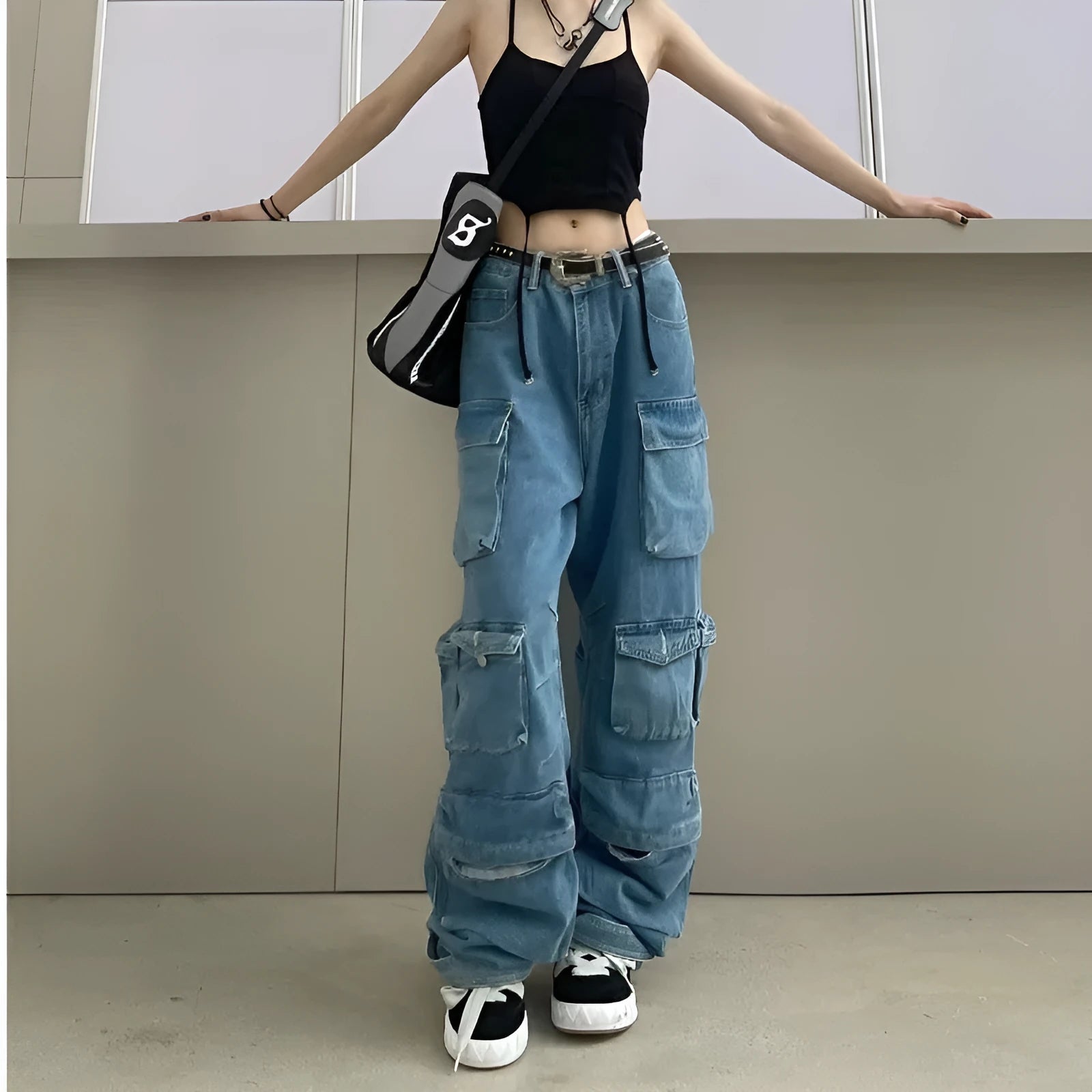 Women's tie-dyed high waist wide leg trousers with multiple pockets in blue denim fabric