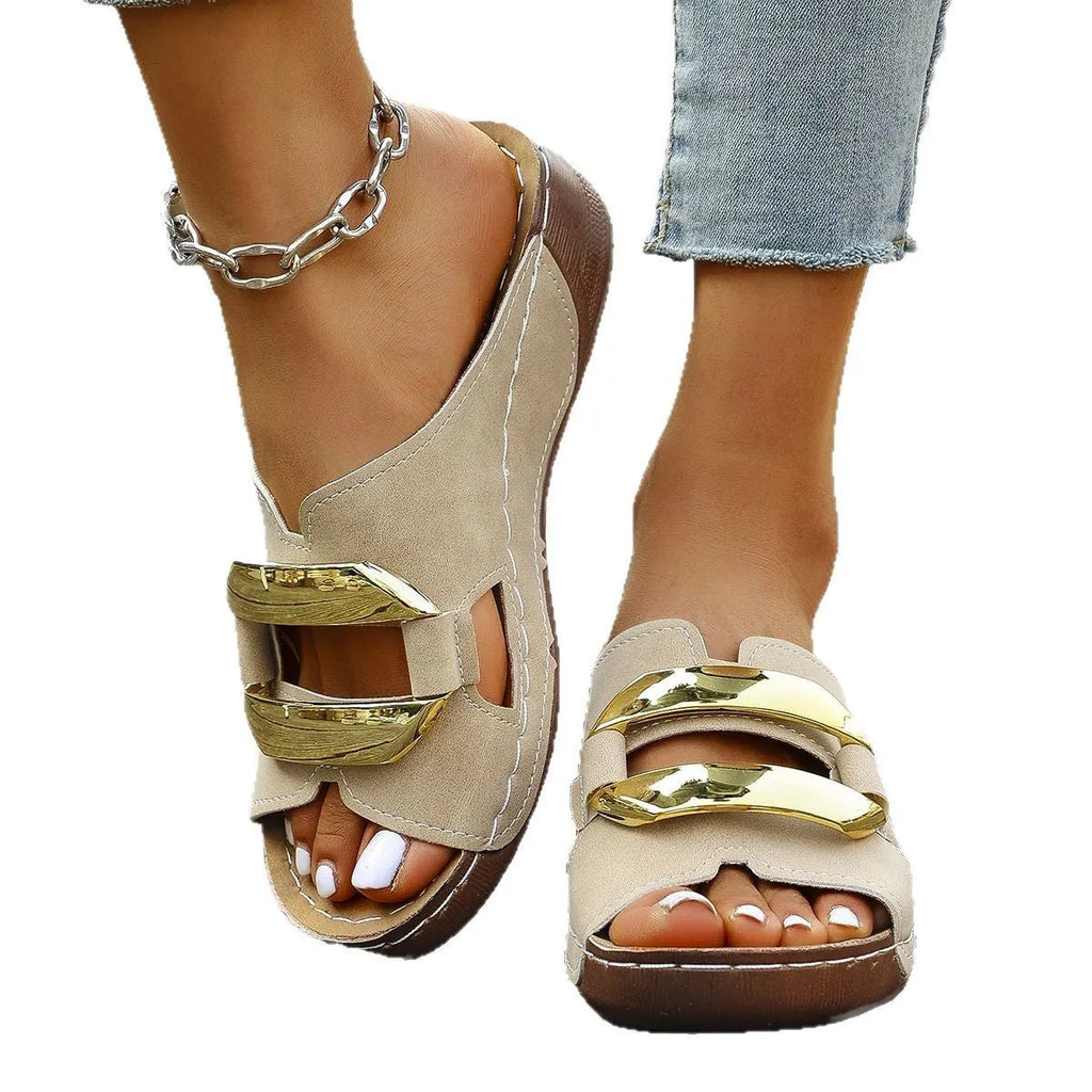 Roman style platform flip-flop sandals in white, black, khaki, and sea blue colours on a solid background.