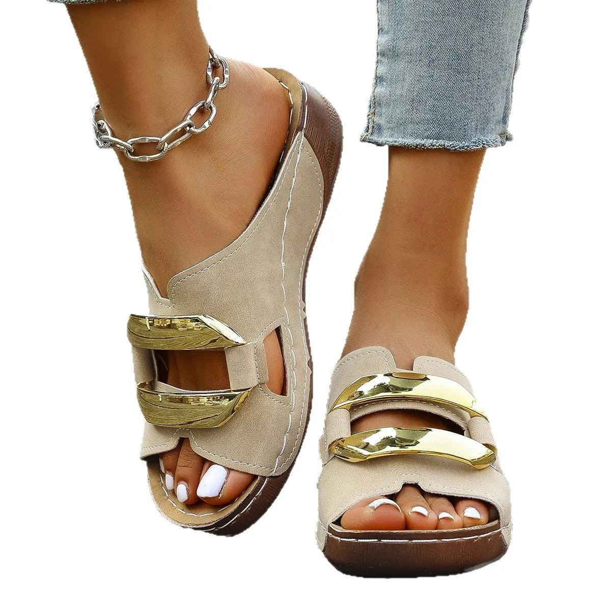 Roman style platform flip-flop sandals in white, black, khaki, and sea blue colours on a solid background.