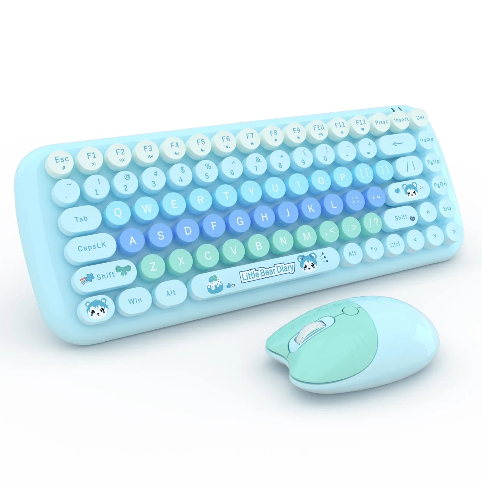 Candy pink wireless keyboard and mouse set with compact design on workspace