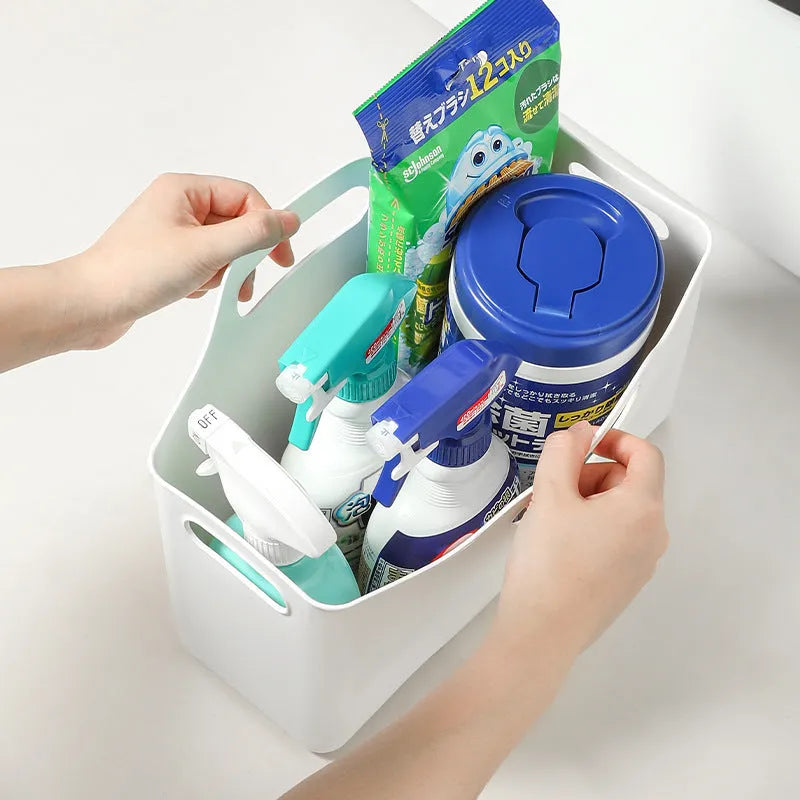 PE storage basket with handle for bathroom laundry detergent and household sundries, in white or transparent.