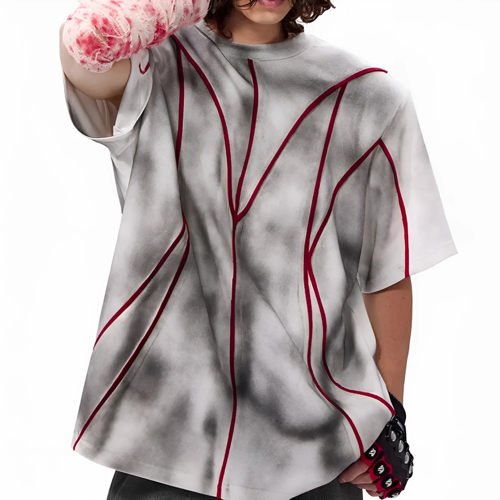 Women's padded shoulder t-shirt with textured patchwork design on short sleeves and round neck