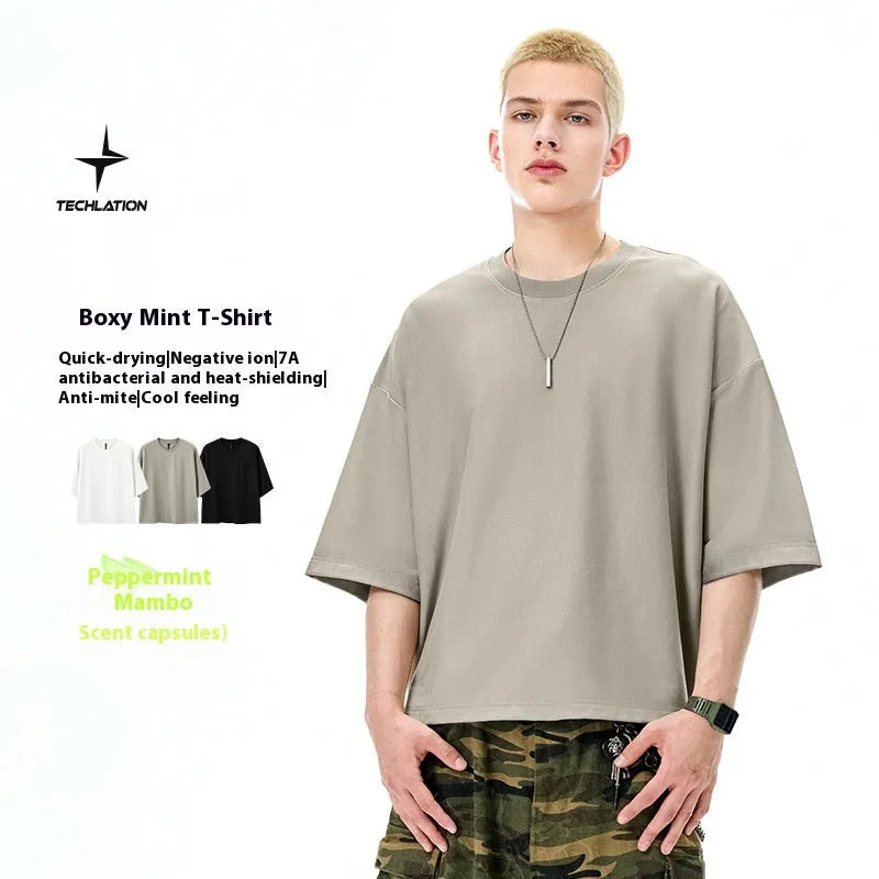 Men's sand grey loose fit quick-drying short sleeve casual t-shirt on a hanger.