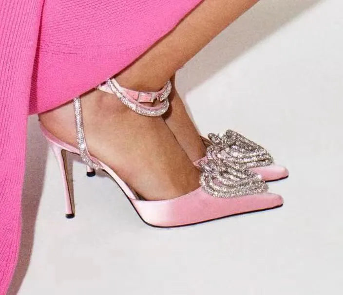 Women's pointed toe satin sandals with heart rhinestone decoration and 9.5cm ribbon ankle strap