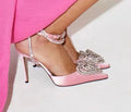Women's pointed toe satin sandals with heart rhinestone decoration and 9.5cm ribbon ankle strap
