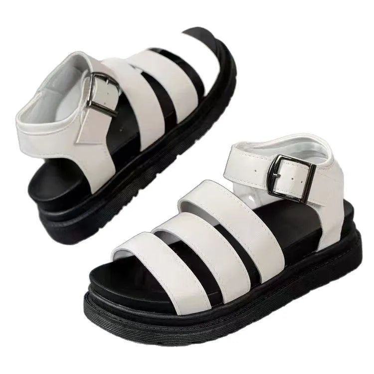 Thick sole round toe beach sandals in black, white or orange with a fish mouth toe holder design.