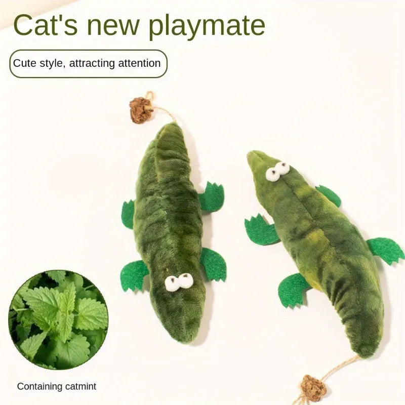 Green plush alligator cat toy measuring 28cm long with textured surface for feline play